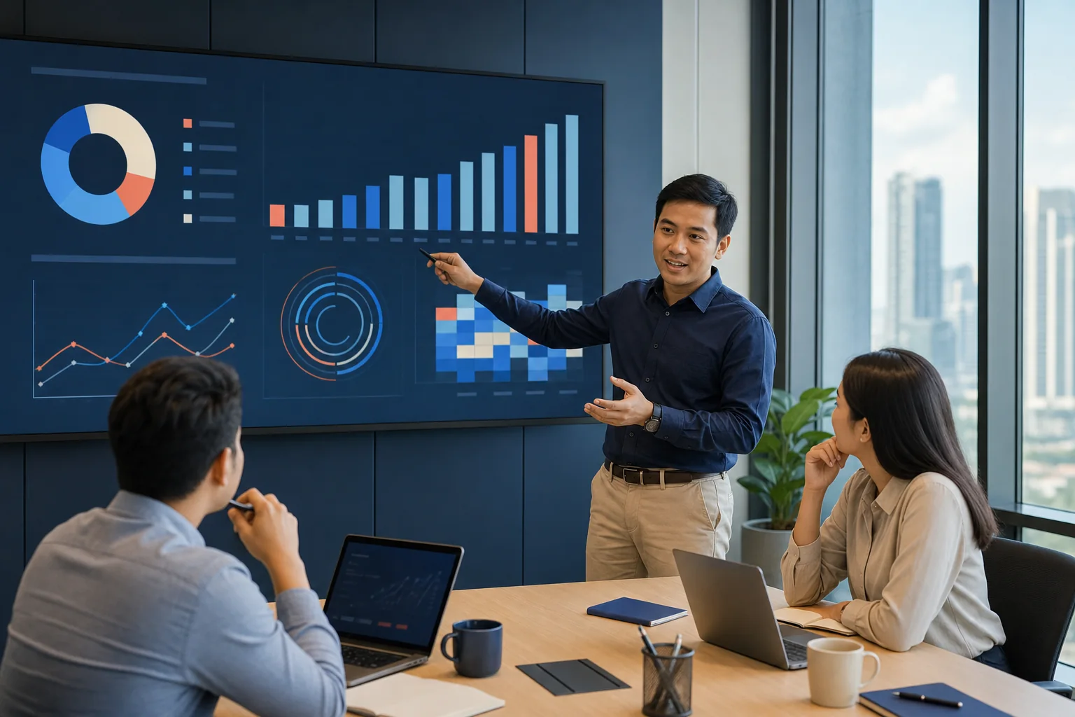Analis Indonesia mempresentasikan dashboard data kepada rekan kerja